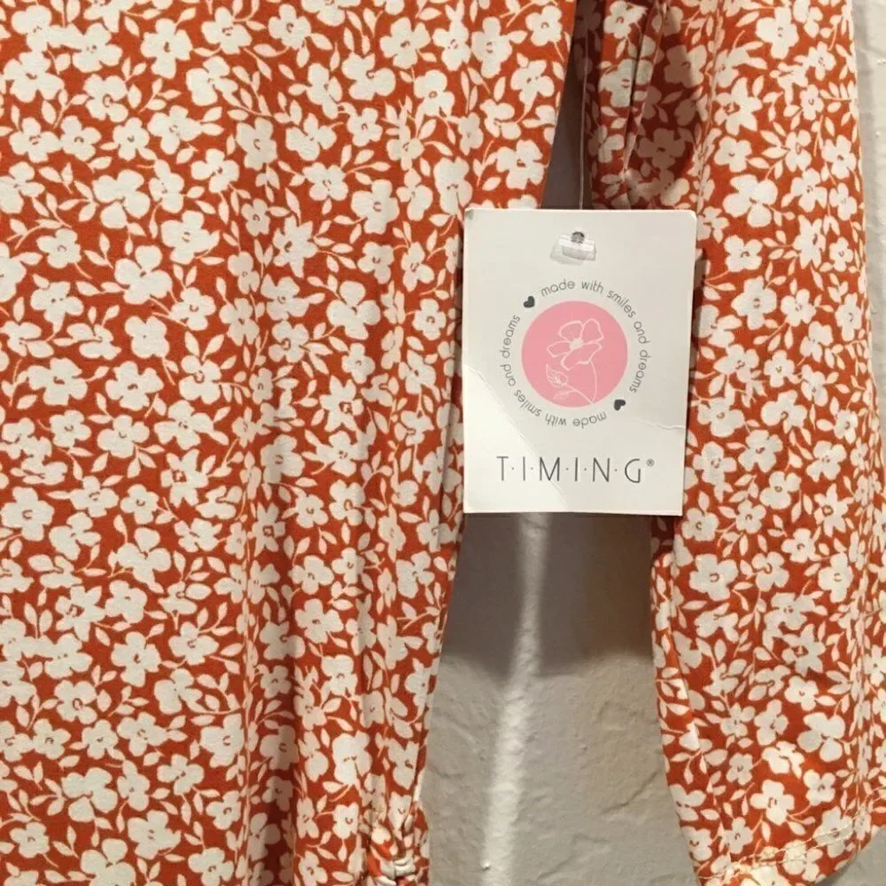 Flower Power Red Orange Floral Midi Rouched Dress - Picture 4 of 8